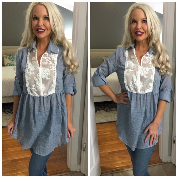 Tops - LAST 1! 💕Denim color sheer lace detail long tunic